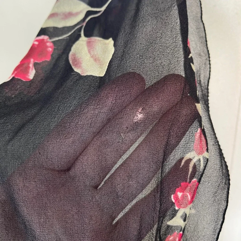 Vintage Floral Rose Silk Chiffon Scarf Black Red‎ Sheer 90s Goth Dark Romantic